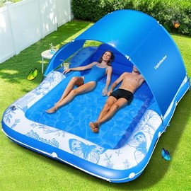 81"x60" Inflatable Tanning Pool Lounger Float with Canopy for Adult,Large Blow Up Sunbathing Bed & Water Raft,Butterfly Pool Floatie with Cup/Phone Holder,5 in 1 Floating Lounge for Pool,Lake,Backyard