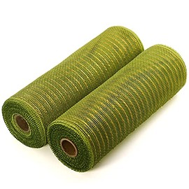 Koopi Poly Deco Mesh 10 inch x 10 Yards Each Roll, Set of 2 Moss and Lime Green with Gold Metallic Foil Poly Mesh Ribbons for Wreaths, Swags, Craft, Party and Decorating Supplies