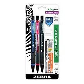 Zebra Z-Grip Plus Mechanical Pencils, 0.7 mm, 2 Medium Lead, Assorted Barrel Colors, Pack of 3