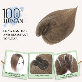 Real Human Hair Toppers,10 Inch Human Hair Toppers for Thinning Hair 360°Coverage Natural Hairpiece Wiglet for Women Daily 7x10CM Swiss Base(4TM610#)