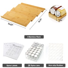 KitHero Spice Drawer Organizer with 28 Spice Jars,216 Labels,50 Non-slip Rubber, Bamboo 4 Tier Seasoning Rack Tray Insert for Kitchen Drawers,Cabinets,Countertop,14.6" Wide x 15.8" Deep