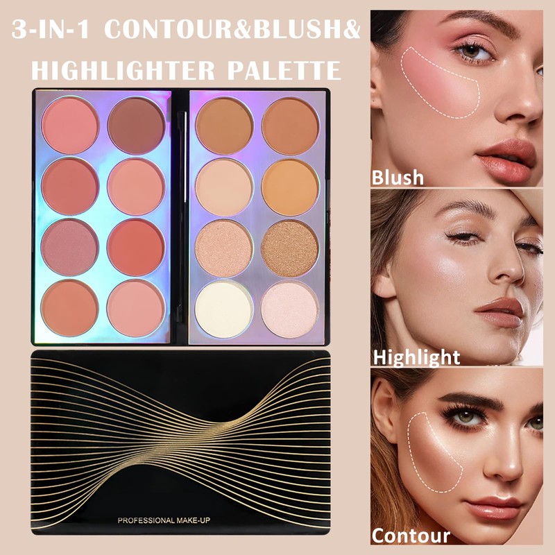 Prreal 16 Colours Contour & Highlight & Blush Palette, Multifunctional