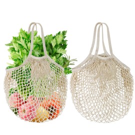 Mordx 2 Pack Portable Shooping Mesh Bags, Reusable Grocery Mesh Bags, Washable Organic Cotton Rope Shooping Bags, Long Handle Shopping mesh Bags for Fruit and Vegetable Storage,Beige