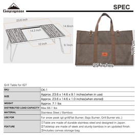 Campingmoon IGT Grill Table Stainless Steel w/Storage Bag w/o Removable Center Compartment CK-1