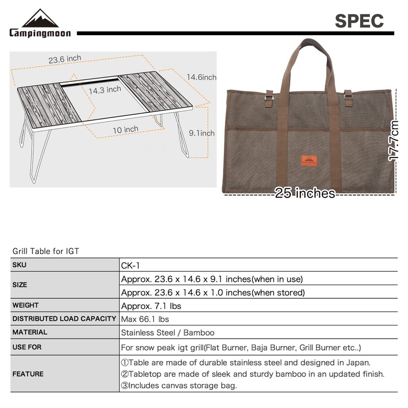 Campingmoon IGT Grill Table Stainless Steel w/Storage Bag w/o Removable