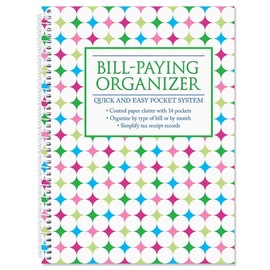 Neon Brights Bill Paying Organizer Book - Personal Account book, 9" by 12 inch, Spiral-Bound, 14 Pockets, 32 Label Stickers, Bill Tracking
