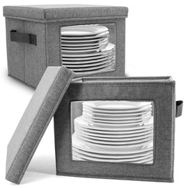 HOMELUX THEORY Hard Shell China Storage Containers for Dishes, 2pcs 12"x8" Plate Storage, Square Storage Containers with Lid, Heavy Duty Fine China Dish and Dinnerware Storage with 30 Felt Pads