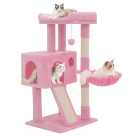 MoNiBloom Cat Tree, 36 Inch Cat Tree Tower with Cat Condo, Small Cat Tower with Scratching Post & Sisal-Covered Scratching Board, Cat Climbing Tower with Hammock, Cat Tree for Indoor Cats, Soft Pink