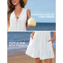 Blooming Jelly Womens Bathing Suit Cover Up Pleated Lace Up Swim Beach Dress Flower Trim Swimsuit Coverup with Pockets(Black,M)