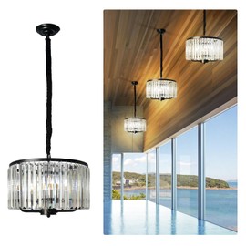 FRIXCHUR Modern Black Chandeliers Crystal Pendant Light 16" Farmhouse Chandelier for Entryway Foyer Dining Room Kitchen Island Lighting Dining Light Fixture