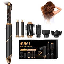 6 in 1 Hair Dryer Brush, Foldable Blow Dryer Brush with Wrap Curler, Detachable Air Hair Styler Curling, Drying,Volumizing, Straightening, Negative Ionic Hair Dryer with Diffuser, Hair Styling Tools