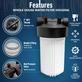 High Capacity 10 x 4.5” Whole House Filter Purifier System for Well or City Water, Presser Relief Button, 1” NPT Brass Port, Double O-ring, Meets NSF Standards & Regulations (White, 1 Set)
