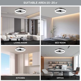 lucilynx 19.7 inch Low Profile Ceiling Fan with Lights and Remote, Fandelier Dimmable Ceiling Fan Flush Mount, 3000K-6500K Bladeless LED Fan Light for Bedroom,Dining Room and Kitchen (Black, 1 Pack)