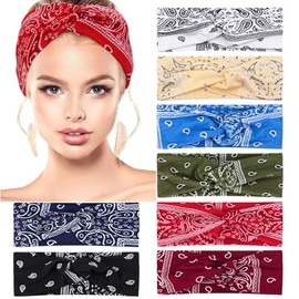 Apricitie 8 Pieces Women's Wide Elastic Boho Headband Criss Cross Paisley Print Hair Band Yoga Sports Headbands