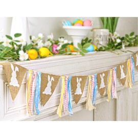 Bunny Chorus Easter Bunny Garland: Rustic White Rabbit Silhouettes, Pennant Banner Flags, Polyester Material, Perfect for Home, Office, Parties & Events