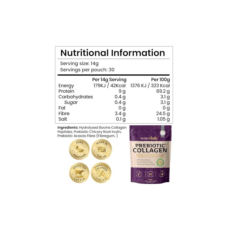 Prebiotic Collagen Powder - 420g Hydrolysed Collagen Peptides & Prebiotics
