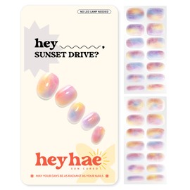 Heyhae Semi Cured Gel Nail Strips | No LED Lamp Needed | Marble, Pink, Spring | Easy Apply & Remove, Salon Quality | Includes 28 Strips, 1 Prep Pads, Nail File & Wooden Stick - Hey, Sunset Drive?
