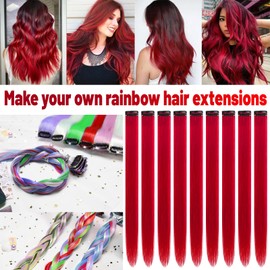 TOFAFA 22 inch Colored Hair Extensions Straight Hairpiece, Colorful Hair Extensions Party Highlights Clip in Long Synthetic for Christmas Girls Women Kids Cosplay Favor Gift(10 PCS Red)