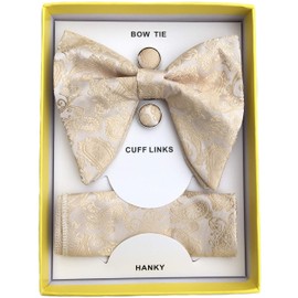 Justar Mens Pre-Tied Paisley Bowtie Oversized Tuxedo Bow Tie Hankie Cufflinks Set (Beige)