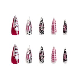 24pcs Long Stiletto False Nails Dark Red Black Stick on Nails Silver Cross Press on Nails Removable Glue on Nails Full Cover Gothic Fake Nails Women Bridal Nail Art Accessories