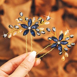 IYOU Rhinestone Wedding Hair Pins Navy Blue Flower Hair Clips Crystal Baroque Bridesmaid Prom Hair Accessories for Women (Pack of 2)