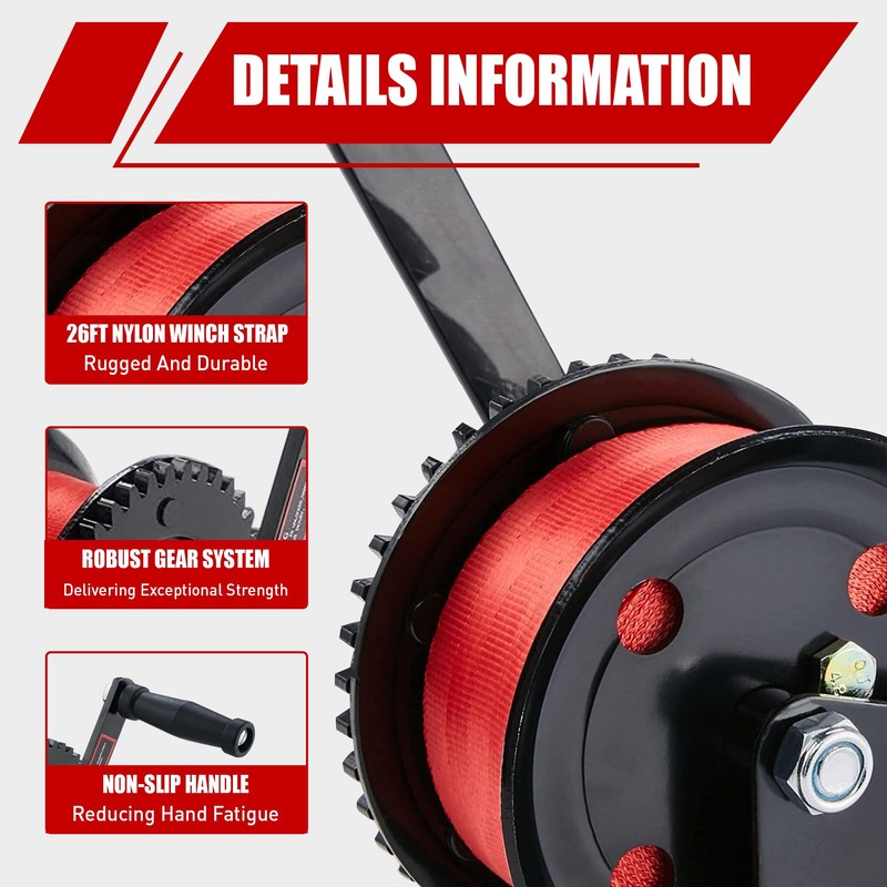TYT 1600lb Boat Trailer Winch with 8M Red Strap, 2
