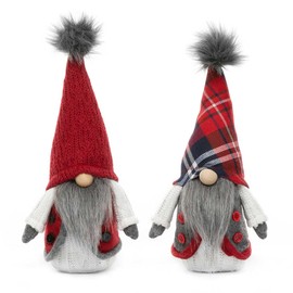 MeraVic Hansen Boys Gnome Red/Grey/White with Fur Pom-Pom, Wood Nose, Grey Beard, Button Up Vest and Arms, Set of 2, 11 Inches, Christmas Decoration