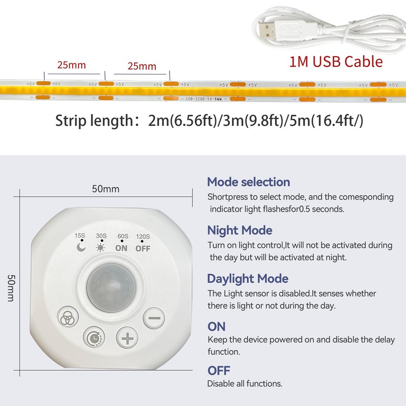 Clearhill 5V Motion Sensor Dimmer 320LED Strip Lights,Day or Night