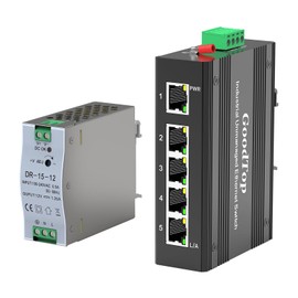 GoodTop 5 Port Gigabit Industrial Switch,10/100/1000Mbps Unmanaged DIN-Rail Ethernet Switch with 15W DIN-Rail Industrial Power Supply, IP40,One-Key VLAN,Lightning Protection