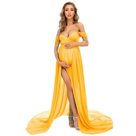 ZIUMUDY Maternity Dress for Photoshoot Photography Long Chiffon Maternity Gown Split See-Through Maternity Dresses(Mustard Yellow, X-Large)