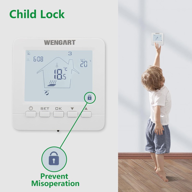 Wengart Electric Heating Thermostat Digital Programmable WG02B05, LCD Touch Screen,