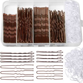 400Pcs Bobby Pins Hair Pins Kit - 100 Brown, 100 U Shape, 200 Hair Bands Pins for Women's Buns, Wedding Updos & Hair Styling Accessories with Storage Box (Brown)