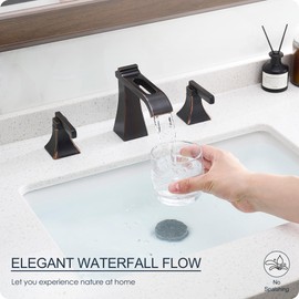 HEYMYTAP Oil Rubbed Bronze Bathroom Faucet 3 Hole, Brass Waterfall 8 Inch Widespread Bathroom Sink Faucet with Pop-Up Drain, cUPC Supply Lines, 2 Handles for Vanity, Farmhouse, Hollowed Design