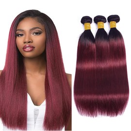 Ombre Burgundy Bundles 1B99j Straight Human Hair Bundles 16 18 20 inch Two Tone Black and Burgundy Double Weft Human Hair