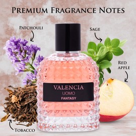 Valencia UOMO Fantasy Men EDP - Spicy & Woody Fragrance - Top Notes of Sweet Red Apple, Cardamom & Calabrian Bergamot - Base Scent of Warm Tobacco Leaf, Patchouli & Vetiver - Elegant 100ml Bottle