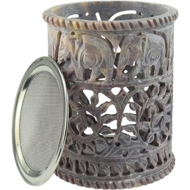 Budawi Soapstone Incense Burner with Stainless Steel Strainer - Hand Carved with Elephant and Flower Motif - Height 11.5 cm Diameter 9 cm - Incense Burner for Resins, Herbs & Incense Mixtures