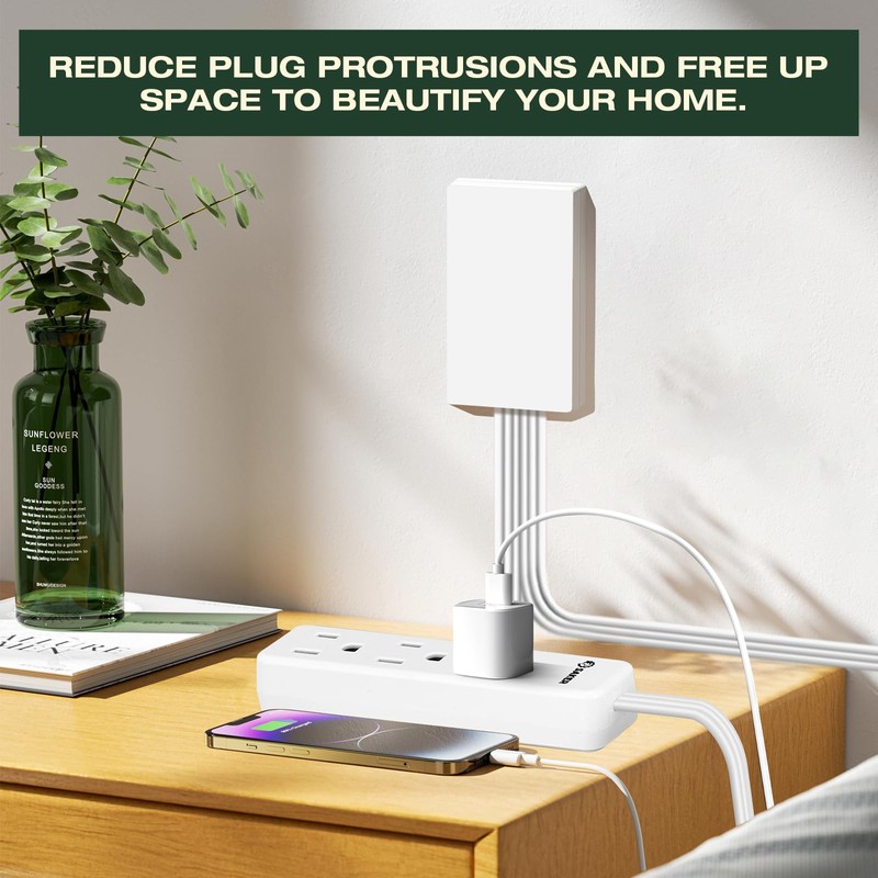 Saker Outlet Concealer Power Strip | 10ft Flat Plug Extension