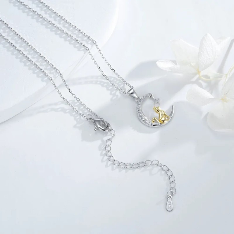 Collar Con Dije De Plata 925 Gato Luna Para Mujer