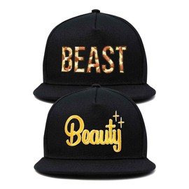 DALIX Beauty and Beast Hat Set Men Women Flat Bill Couples Cap Black