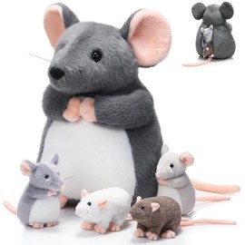 5 Pcs Mouse Stuffed Animals Set 14'' Large Mommy Rat Plush with 4 Small Mouse Babies in Zippered Tummy Stuffed Rat Plush Toys for Girls Boys Birthday Graduation Rat Lover Gift(Fluffy Style)