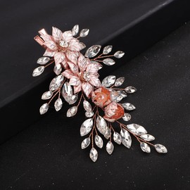 Teyglen Bridal Flower Crystal Hair Clips Hairpins Wedding Gold Leaf Hair Barrette Handmade Leaf Rhinestone Hair Pieces Hair Accessories for Women Bride (Rose Gold)
