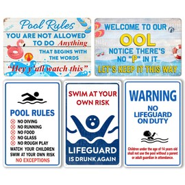 5-Pack Pool Signs Metal Tin Signs, Funny Pool Rules Wall Decor, Outdoor Swimming Pool Decorations for Backyard, Deck, Patio 12x8 Inch