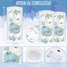 Whaline 3 Pcs Fall LED Flameless Candles Blue Pumpkin Warm Light Battery Operated Pillar Candles Autumn Electric Flickering Candles for Thanksgiving Harvest Party Home Decor