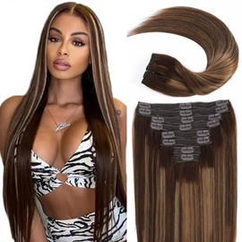 Clip in Hair Extensions Real Human Hair Brown Highlights Remy Hair Extensions Clip in Human Hair Dark Brown with Caramel Blonde Human Hair Clip in Extensions Full head (18 Inch #P4/27)