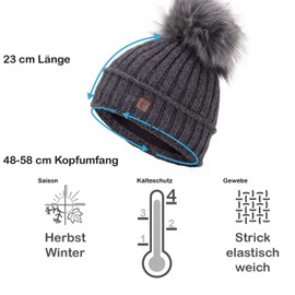 Faera Winter Hat Women's Hat Lined with Faux Fur Bobble Hat Girls Fleece Lining Winter Knitted Hat Beanie Men 34, gray