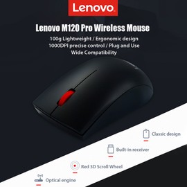 Lenovo M120 Pro Wireless Mouse 2.4GHz Laptop Mouse with USB Receiver Lightweight Ergonomic Optical Wireless Mouse Computer Mice for Laptop PC Computer Mac Office/Home use
