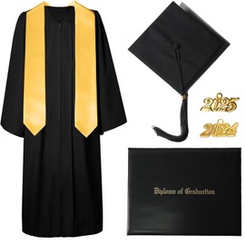 GAMYPET Blank Graduation Gown and Cap Set with Matching Tassel and 2025 Year Charm Golden 72" Stole and Black Graduation Diploma Holder
