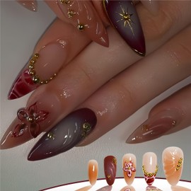Long Press on Nails Almond Fake Nails Brown False Nails French Artificial Nails with 3D Red Flowers Designs Glitter Acrylic Nails Press ons Gold Charm Stick on Nails for Women 24pcs