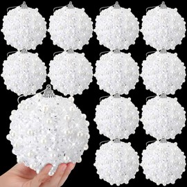 Riceshoot 12 Pcs 6" Glitter Christmas Ball Ornaments 6" Sequin Hanging Balls Foam Pearl Christmas Tree Hanging Ornaments Disco Balls Decoration for Xmas Holiday Wreath Garland Wedding Party (White)