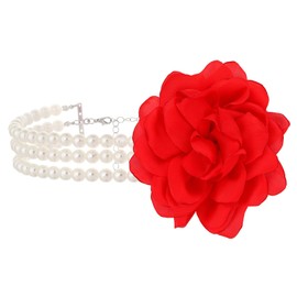 Large Flower Pearl Necklace,Vintage French Camellia Choker Charm Multi Layer Pearl Clavicle Fashion Statement Jewelry for Women (Red)